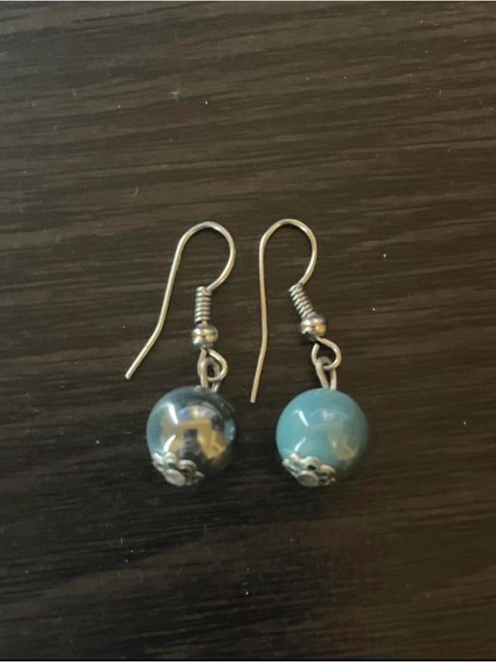 Turquoise Glass Bead Drop Earrings with Silver Hooks